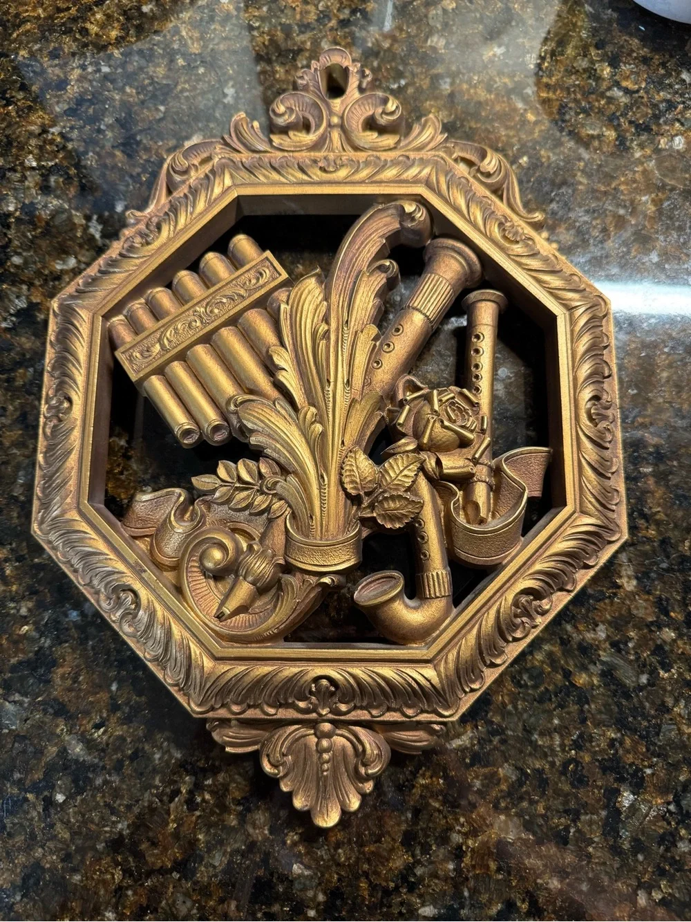Ornate Vintage-Style Octagonal Wall Plaque in Antique Gold
